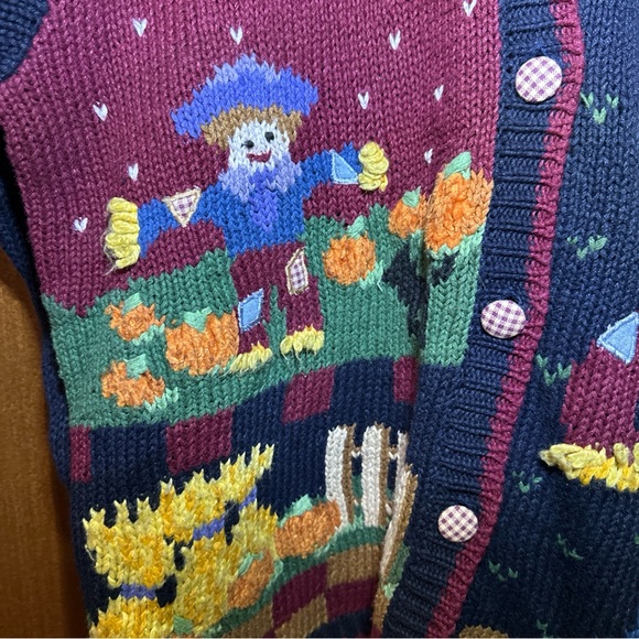 Herman Geist Sweater Scarecrow Pumpkins Plaid Buttons‎ Fall Size Large - Picture 4 of 6